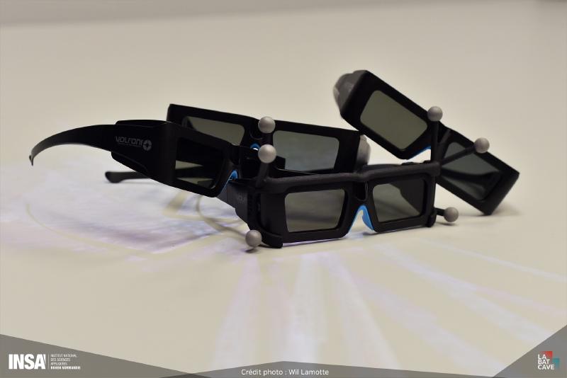 Four pairs of Volfoni EDGE RF active 3D glasses. One pair has the tracking target.